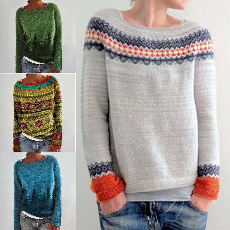 亚马逊欧美新款毛衣女热卖圆领拼色宽松时尚套头针织衫