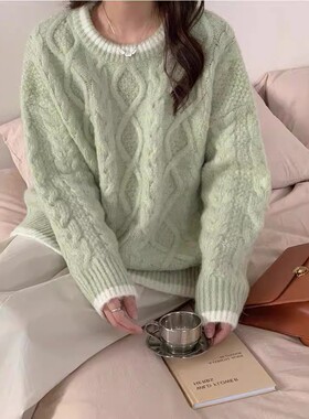 奶系穿搭蓝色短款麻花针织开衫女早春软糯马海毛慵懒风毛衣外套厚