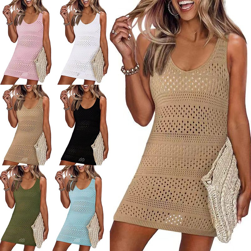 欧美女式泳装罩衫夏季新款无袖背心防晒衫针织镂空泳衣沙滩裙