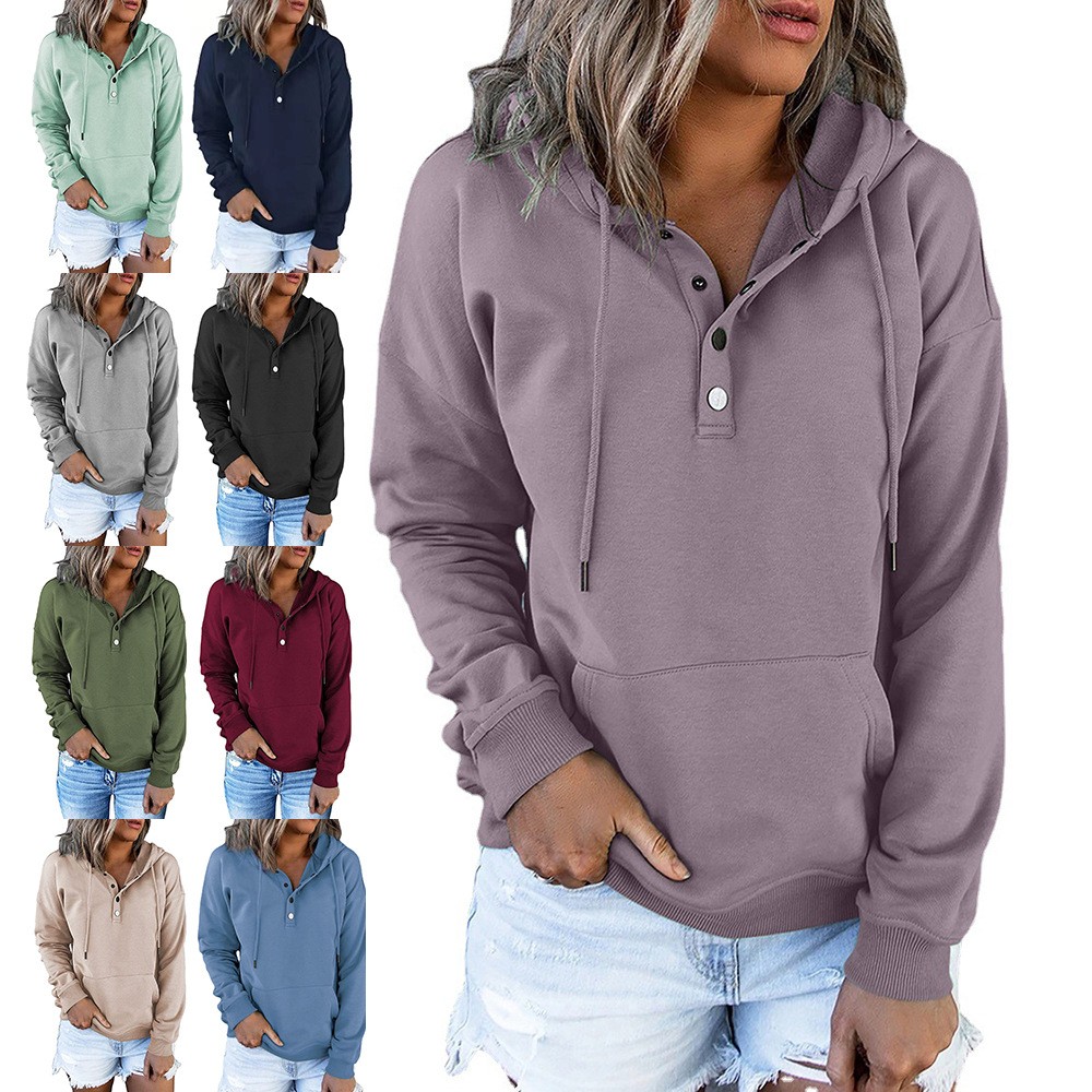 跨境欧美外贸女装亚马逊独立站长袖宽松休闲连帽抽绳口袋卫衣