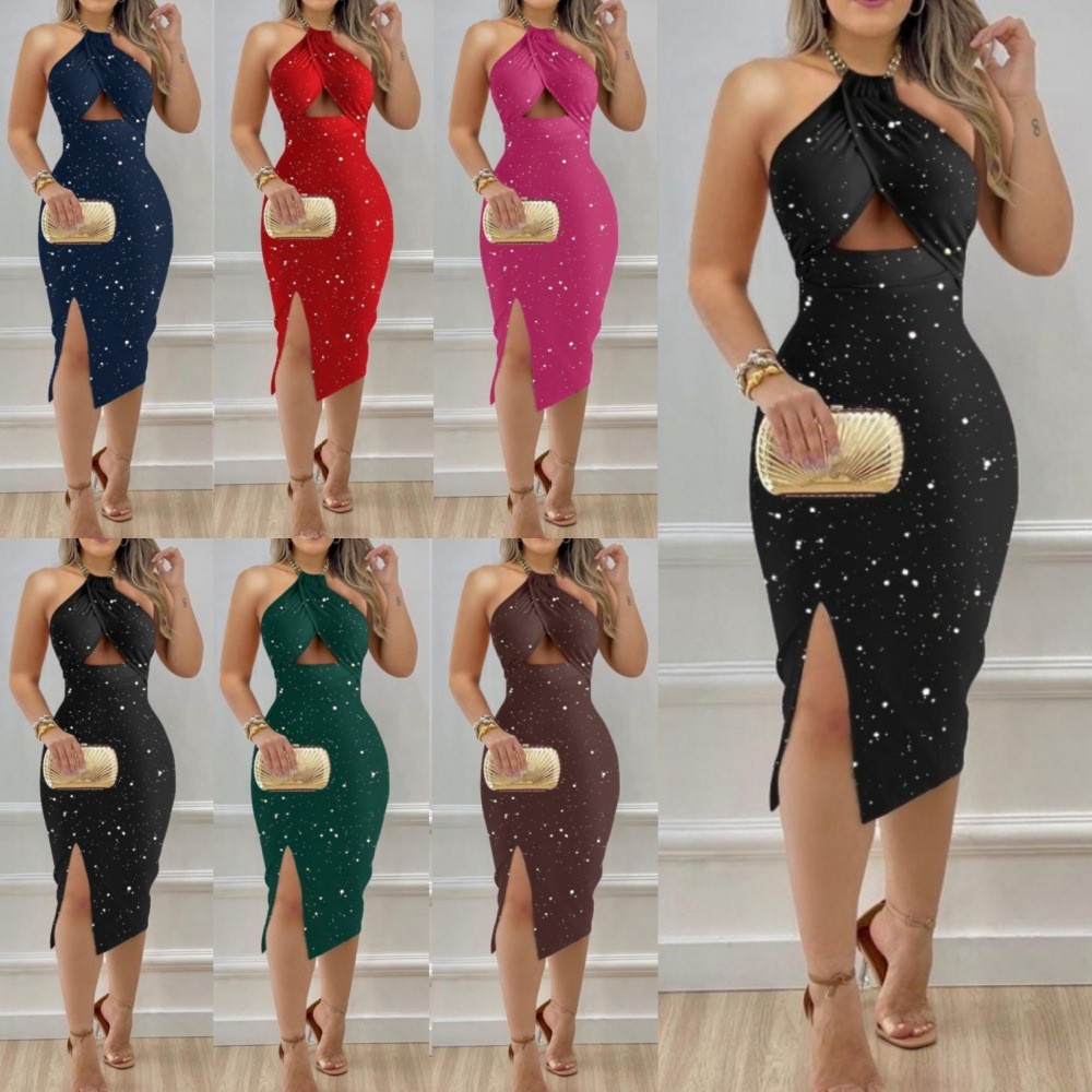 速卖通亚马逊爆款 夏季时尚挂脖镂空包臀性感连衣裙女装