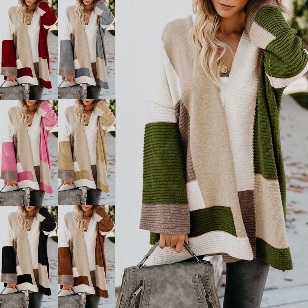 秋冬款外贸毛衣女欧美亚马逊大码宽松几何拼色毛衣开衫