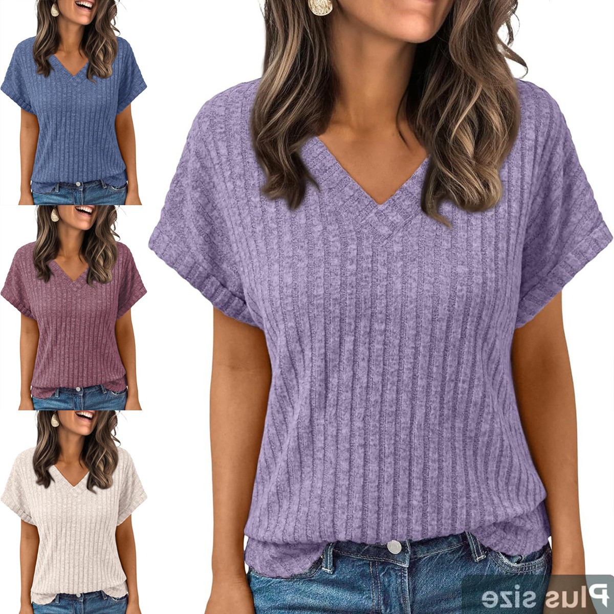 夏季新款欧美亚马逊跨境大码女装时尚休闲磨毛纯色领短袖恤