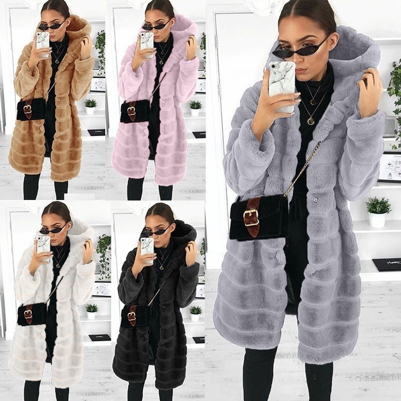 跨境宽松秋冬新款韩版时尚绒中长款连帽女士仿水貂皮草外套