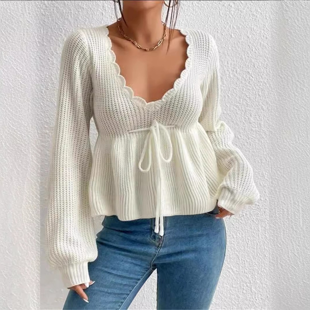 亚马逊欧美跨境速卖通宽松领抽绳系带荷叶边裙摆针织套头毛衣