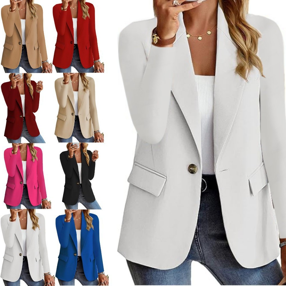 亚马逊爆款 秋季长袖纯色开衫小西装外套女