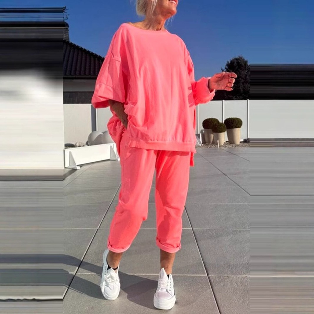 现货亚马逊夏季欧美外贸新款女装时尚休闲长袖上衣长裤两件套