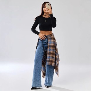 春夏新款 亚马逊俄罗斯格子做旧破洞松紧腰半裙运动街舞风