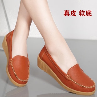 2026春秋真皮软底豆豆鞋妈妈女鞋休闲皮鞋一脚蹬坡跟懒人四季单鞋