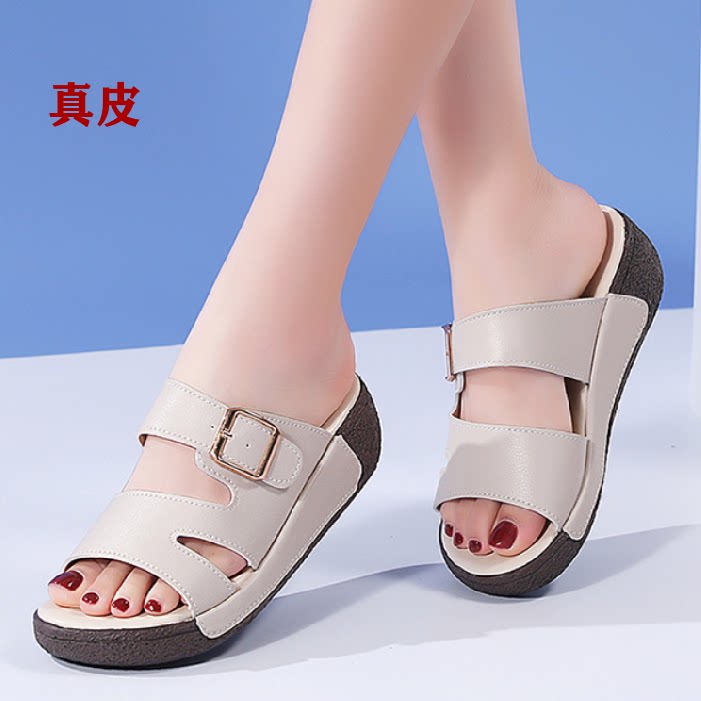 真皮厚底坡跟防滑露趾凉拖女