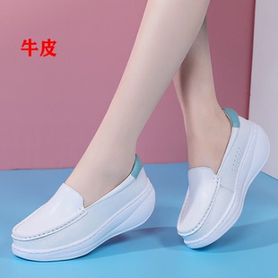 真皮休闲风白色厚底护士鞋女四季单鞋一脚蹬圆头不累脚增高运动鞋