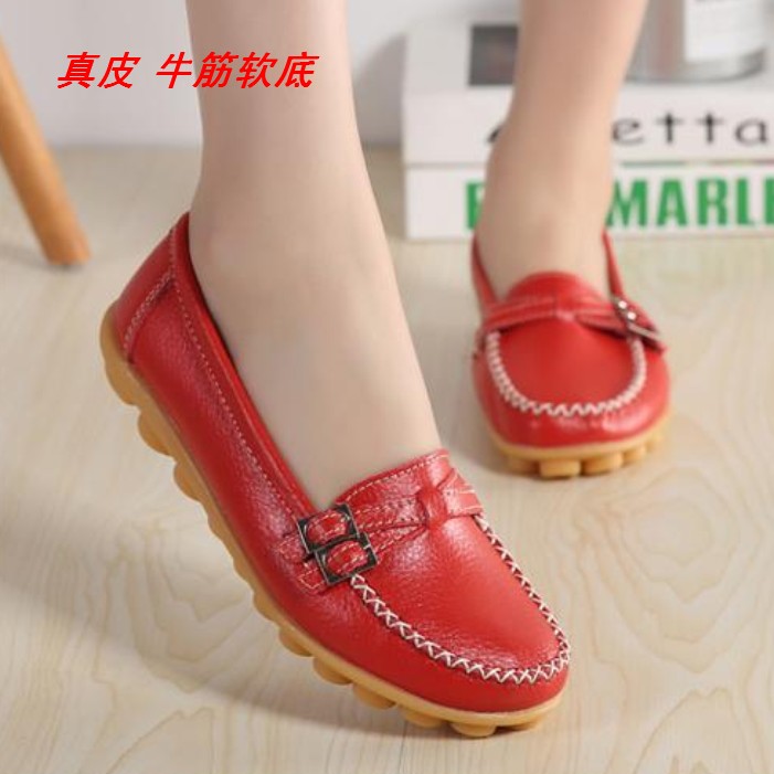 真皮软底豆豆鞋春秋四季女鞋一脚蹬平底妈妈鞋休闲乐福鞋大码单鞋