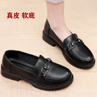 春季真皮软底一脚蹬乐福鞋女鞋百搭单鞋圆头百搭豆豆鞋平底休闲鞋