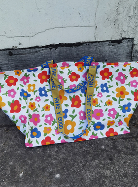 外贸原单超大号小花朵防水编织袋超市购物袋手提单肩包收纳搬家袋