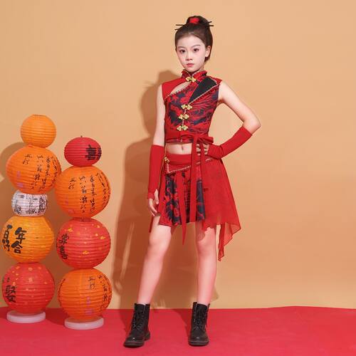 儿童爵士舞街舞走秀T台新国潮演出服中国风表演套装打鼓舞台服装