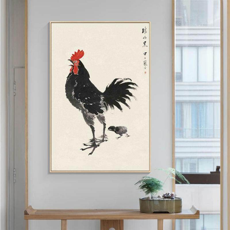 黑色鸡挂画金鸡报晓图中式风格公鸡画玄关风水招财挂画装饰画