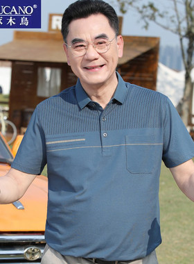 啄木鸟爸爸夏装短袖t恤男中年丝光棉Polo衫中老年宽松凉格子t恤男