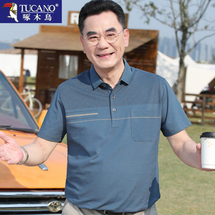 啄木鸟爸爸夏装短袖t恤男中年丝光棉Polo衫中老年宽松凉格子t恤男