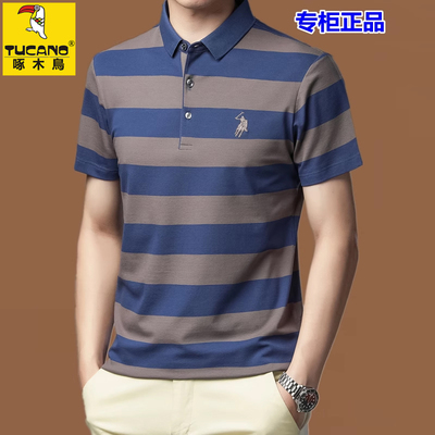 啄木鸟高品质纯棉t恤夏季新款条纹刺绣短袖男宽松大码翻领polo衫T