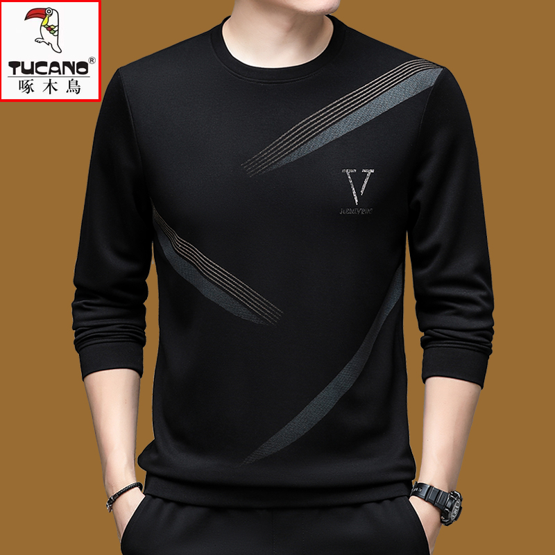 啄木鸟男士长袖t恤圆领纯棉卫衣男春秋装上衣宽松潮流体恤打底衫T