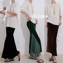 VB法式优雅25秋冬新简约真丝丝绒包臀鱼尾半身裙拼接网纱中长半裙