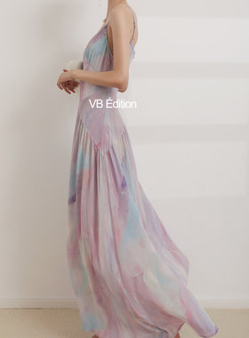 VB法式重磅真丝印花吊带连衣裙