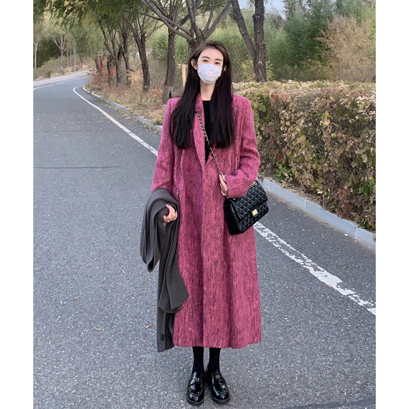 现货冬季新款韩版名媛风西装外套女长款高级感玫红色加厚斗篷大衣