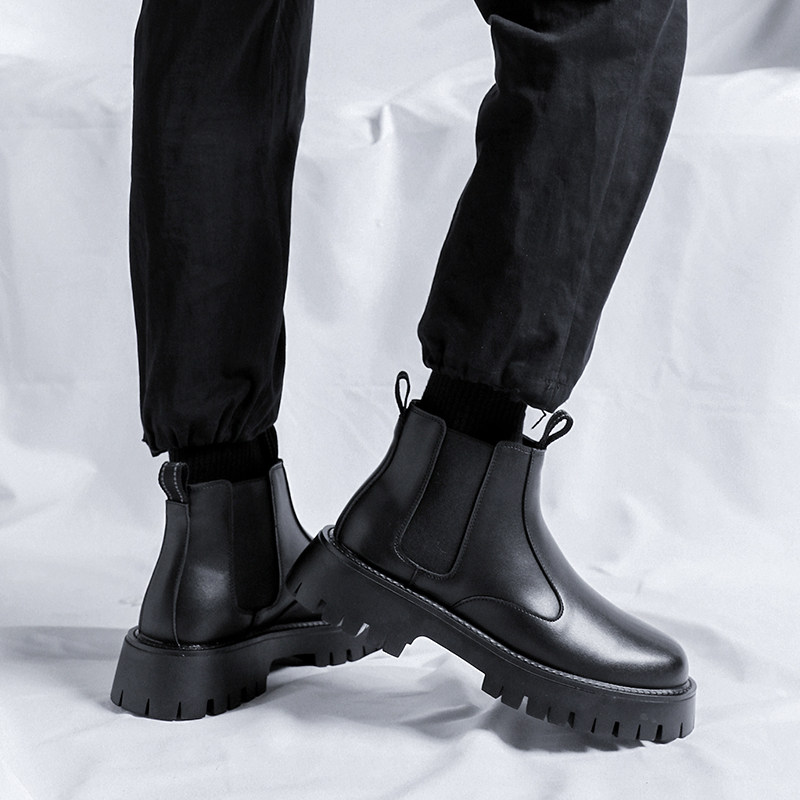 BRITISH STYLE LEATHER CHELSEA BOOTS MENS FASHION PREMIUM FLEECE CHIMNEY BOOTS MENS PLUS SIZE HIGH-TOP MARTIN BOOTS MEN