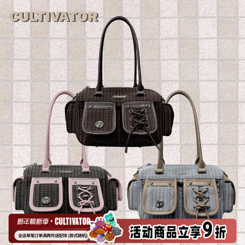 Cultivator原创小众复古撞色拼接格纹单肩腋下斜挎保龄球包2025冬