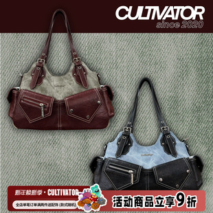 Cultivator原创小众设计复古撞色牛仔拼接单肩腋下手提斜挎包包女