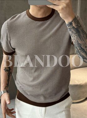 春夏新款男士时尚简约经典港风休闲条纹圆领针织衫短袖百搭上衣潮