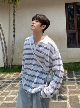 夏季新款休闲慵懒风松弛感宽松日系男生时尚条纹长袖T恤防晒衣潮