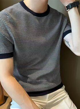 百搭潮流冰丝针织衫上衣夏季新款男士拼色细条纹透气短袖T恤衣服
