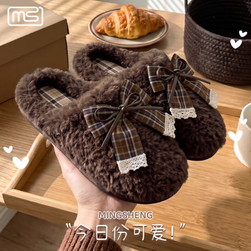 复古格纹蝴蝶结棉拖鞋女款