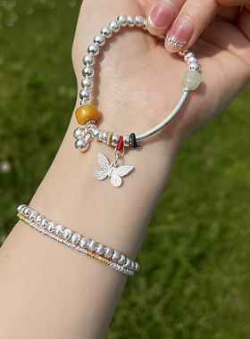 女925纯银中式蝴蝶蜜蜡银珠手链