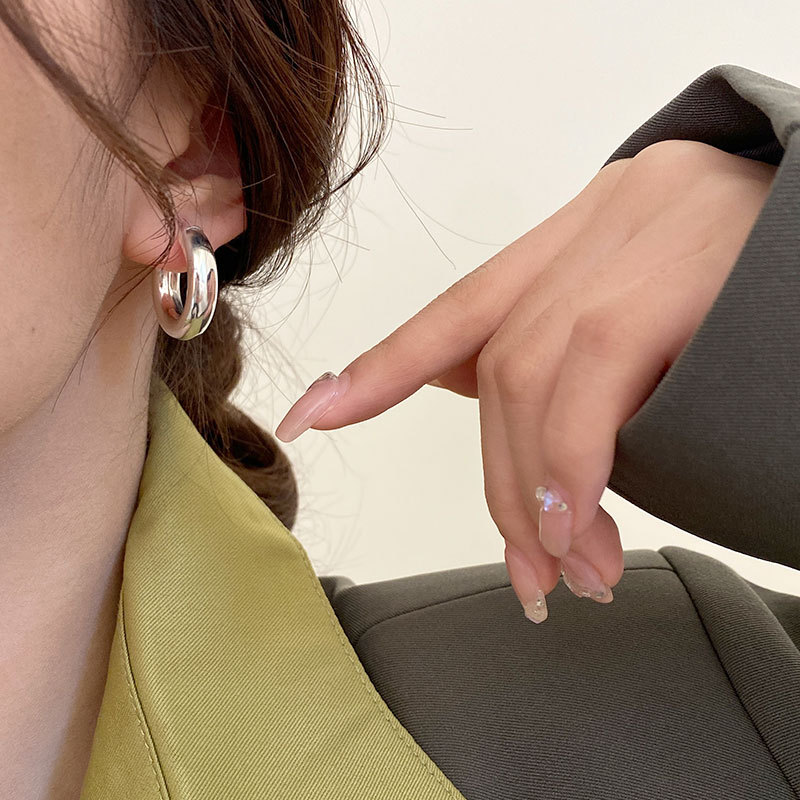 s925纯银耳环女C形几何半圆圈耳钉素银亮耳饰气质百搭简约韩国ins