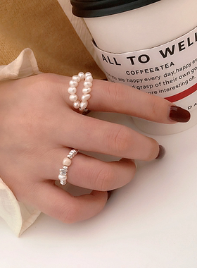 女纯银小众设计天然珍珠碎银戒指