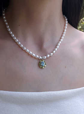 纯银女天然珍珠托帕石项链礼物