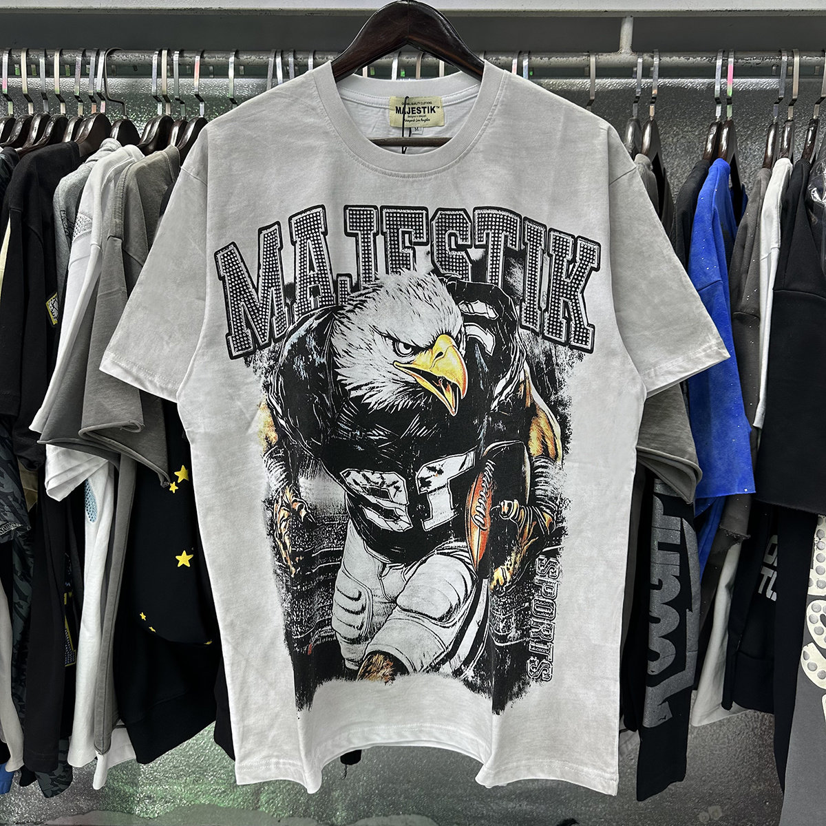 MAJESTIK Eagle Football Graphic Crop Tee烫钻LOGO青年男女短袖