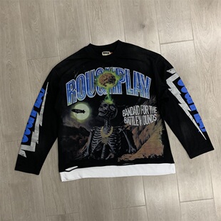 Rough Play Skull Shock Long Sleeve白墨直喷烫钻假两件长袖T恤