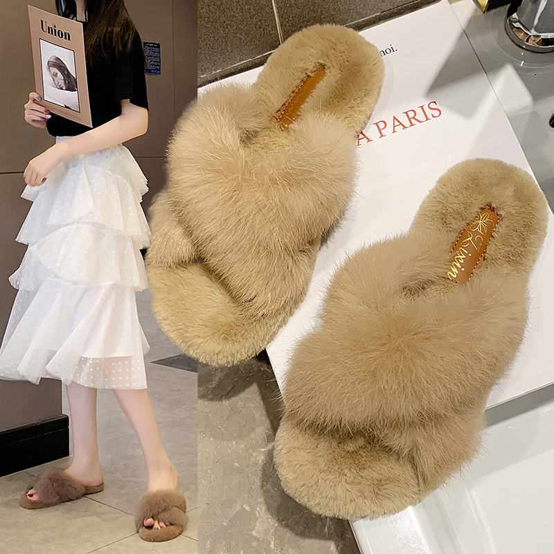 网红秋茸茸秋款交叉懒人毛毛拖鞋