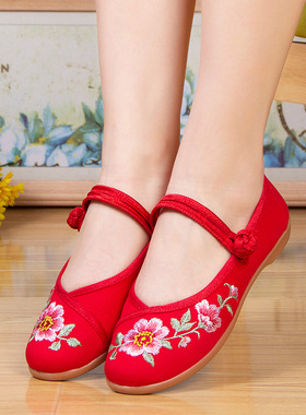 老北京布鞋新款女牛筋底平跟软底妈妈鞋女红色民族风绣花鞋舞蹈鞋