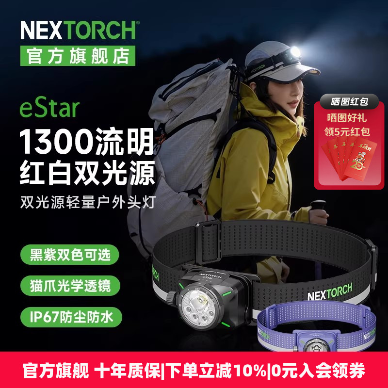 2026新款纳丽德eStar头戴式强光充电户外登山夜跑越野跑徒步头灯