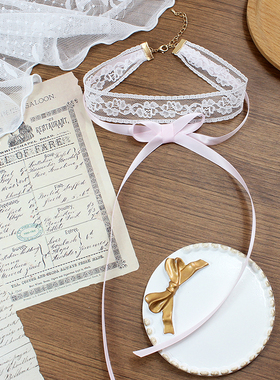 粉色双层叠戴蕾丝项链choker项圈锁骨链少女甜妹蝴蝶结lolita可爱