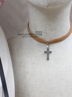 灯芯绒十字架废土风锁骨链项链choker简约百搭秋冬毛衣链朋克辣妹