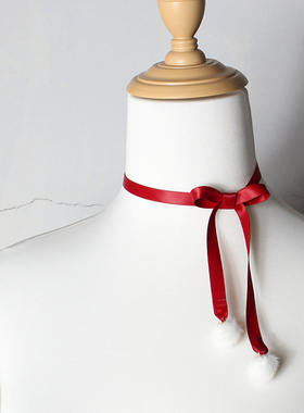 圣诞结&毛绒球锁骨链项链酒红氛围感长款choker双层可爱秋冬百搭