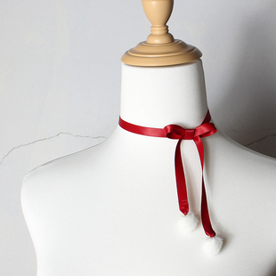 圣诞结&毛绒球锁骨链项链酒红氛围感长款choker双层可爱秋冬百搭