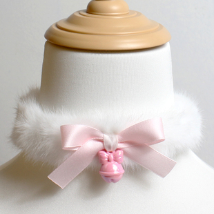 粉色蝴蝶结仿水貂毛绒项链项圈颈环puppy少女铃铛甜妹可爱choker