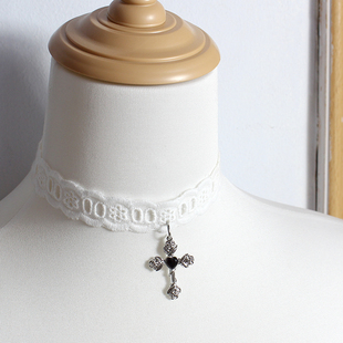 十字架蕾丝花边choker白黑玫瑰项链锁骨链颈饰项圈Lolita女仆修女