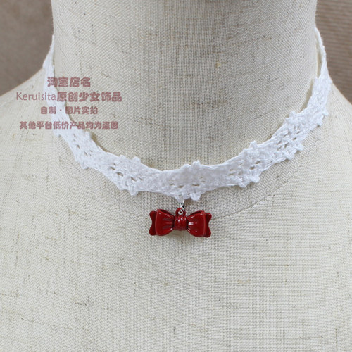 日系乖巧可爱白色蕾丝锁骨链棉质圣诞酒红色小蝴蝶结chocker复古